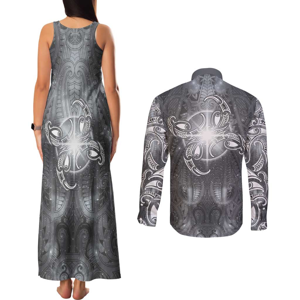 New Zealand Matariki Ururangi Couples Matching Tank Maxi Dress and Long Sleeve Button Shirt Maori Moko Grey Galaxy LT05 - Polynesian Pride