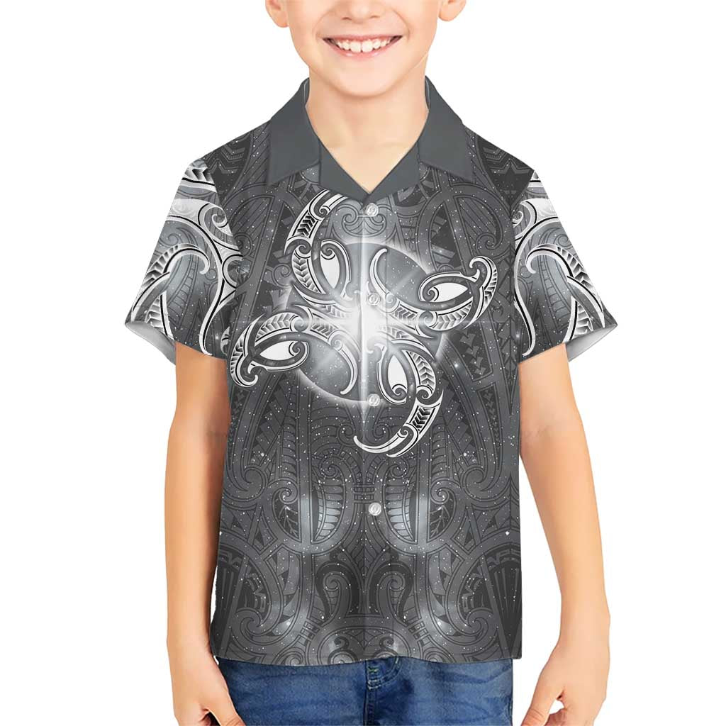New Zealand Matariki Ururangi Family Matching Off The Shoulder Long Sleeve Dress and Hawaiian Shirt Maori Moko Grey Galaxy LT05 Son's Shirt Grey - Polynesian Pride