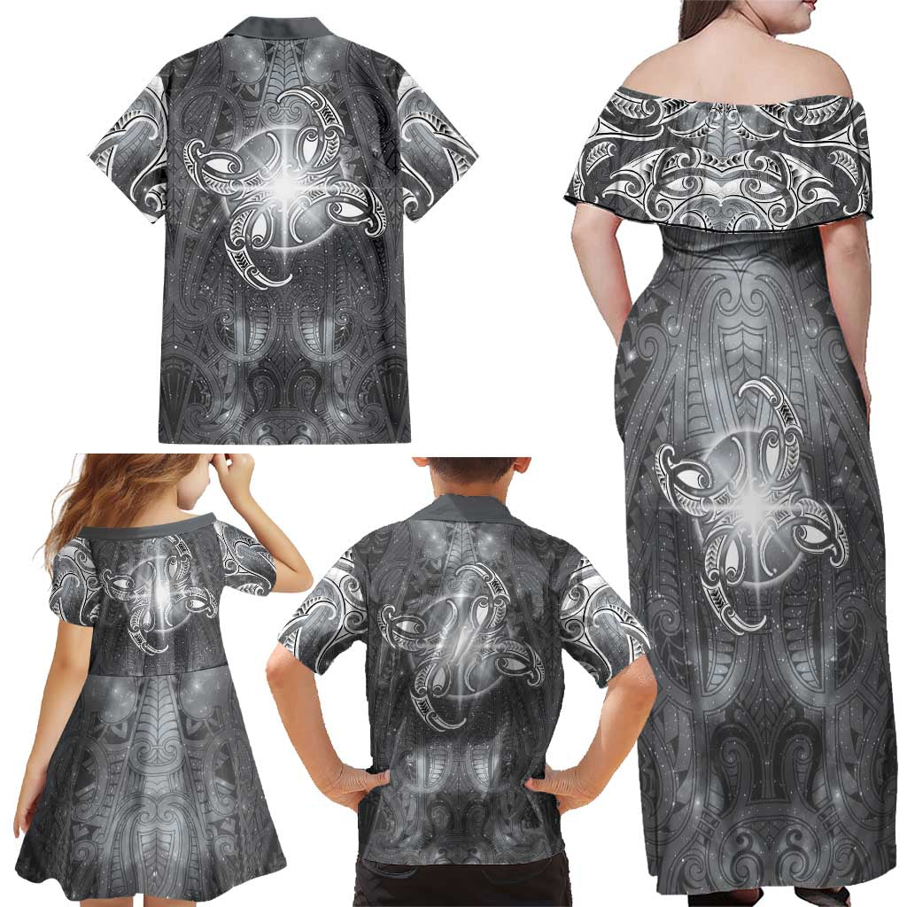New Zealand Matariki Ururangi Family Matching Off Shoulder Maxi Dress and Hawaiian Shirt Maori Moko Grey Galaxy LT05 - Polynesian Pride