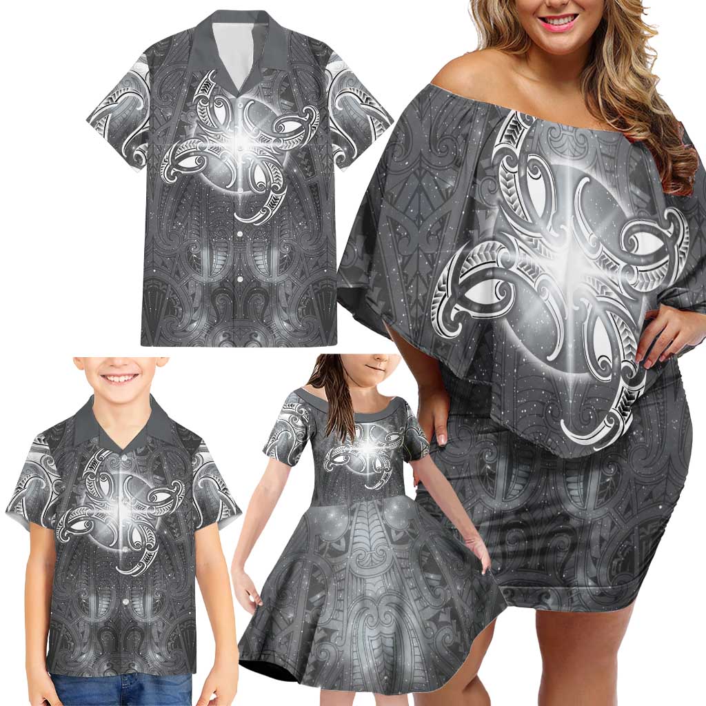 New Zealand Matariki Ururangi Family Matching Off Shoulder Short Dress and Hawaiian Shirt Maori Moko Grey Galaxy