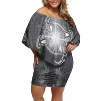 New Zealand Matariki Ururangi Family Matching Off Shoulder Short Dress and Hawaiian Shirt Maori Moko Grey Galaxy LT05 Mom's Dress Grey - Polynesian Pride
