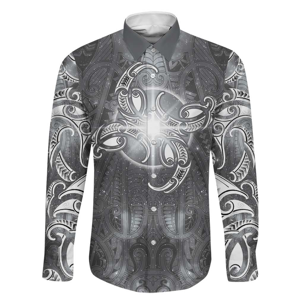 New Zealand Matariki Ururangi Family Matching Puletasi and Hawaiian Shirt Maori Moko Grey Galaxy LT05 Dad's Shirt - Long Sleeve Grey - Polynesian Pride