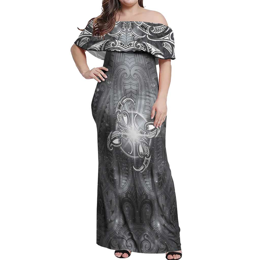 New Zealand Matariki Ururangi Off Shoulder Maxi Dress Maori Moko Grey Galaxy