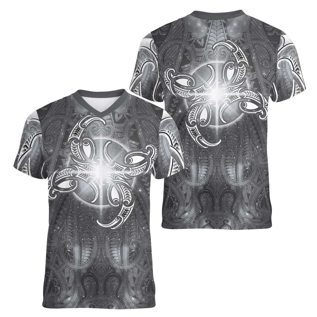 New Zealand Matariki Ururangi Women V-Neck T-Shirt Maori Moko Grey Galaxy LT05 - Polynesian Pride