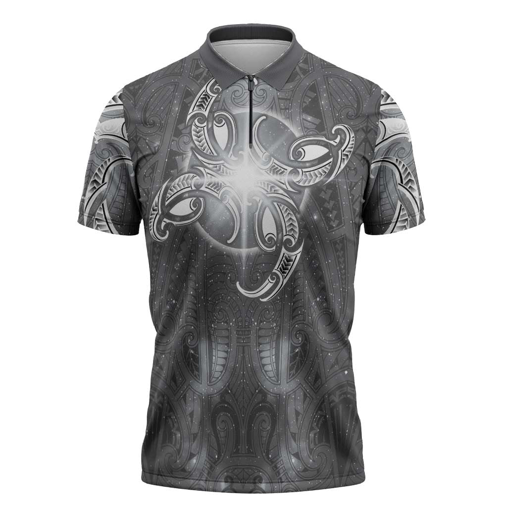 New Zealand Matariki Ururangi Zipper Polo Shirt Maori Moko Grey Galaxy