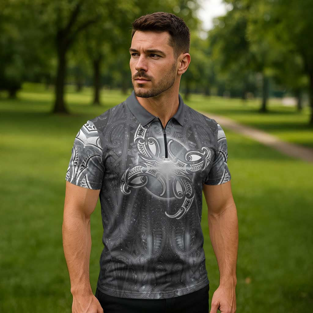New Zealand Matariki Ururangi Zipper Polo Shirt Maori Moko Grey Galaxy