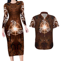 New Zealand Matariki Tupuanuku Couples Matching Long Sleeve Bodycon Dress and Hawaiian Shirt Maori Moko Brown Galaxy LT05 Brown - Polynesian Pride