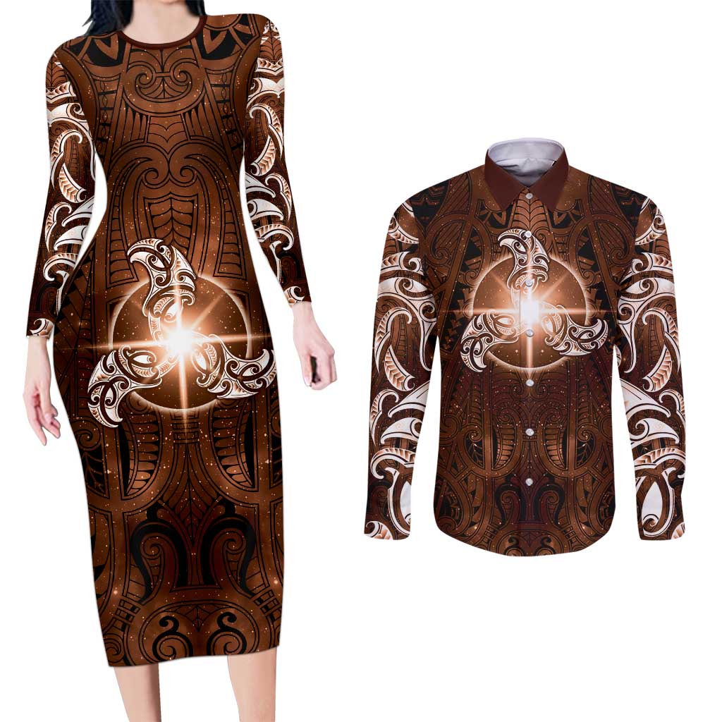 New Zealand Matariki Tupuanuku Couples Matching Long Sleeve Bodycon Dress and Long Sleeve Button Shirt Maori Moko Brown Galaxy LT05 Brown - Polynesian Pride