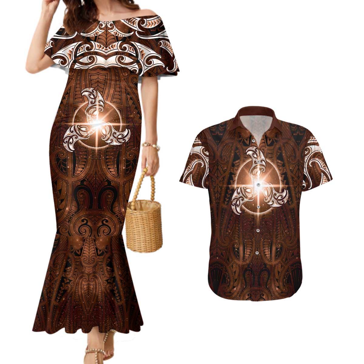 New Zealand Matariki Tupuanuku Couples Matching Mermaid Dress and Hawaiian Shirt Maori Moko Brown Galaxy LT05 Brown - Polynesian Pride