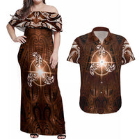 New Zealand Matariki Tupuanuku Couples Matching Off Shoulder Maxi Dress and Hawaiian Shirt Maori Moko Brown Galaxy LT05 Brown - Polynesian Pride