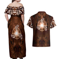 New Zealand Matariki Tupuanuku Couples Matching Off Shoulder Maxi Dress and Hawaiian Shirt Maori Moko Brown Galaxy LT05 - Polynesian Pride
