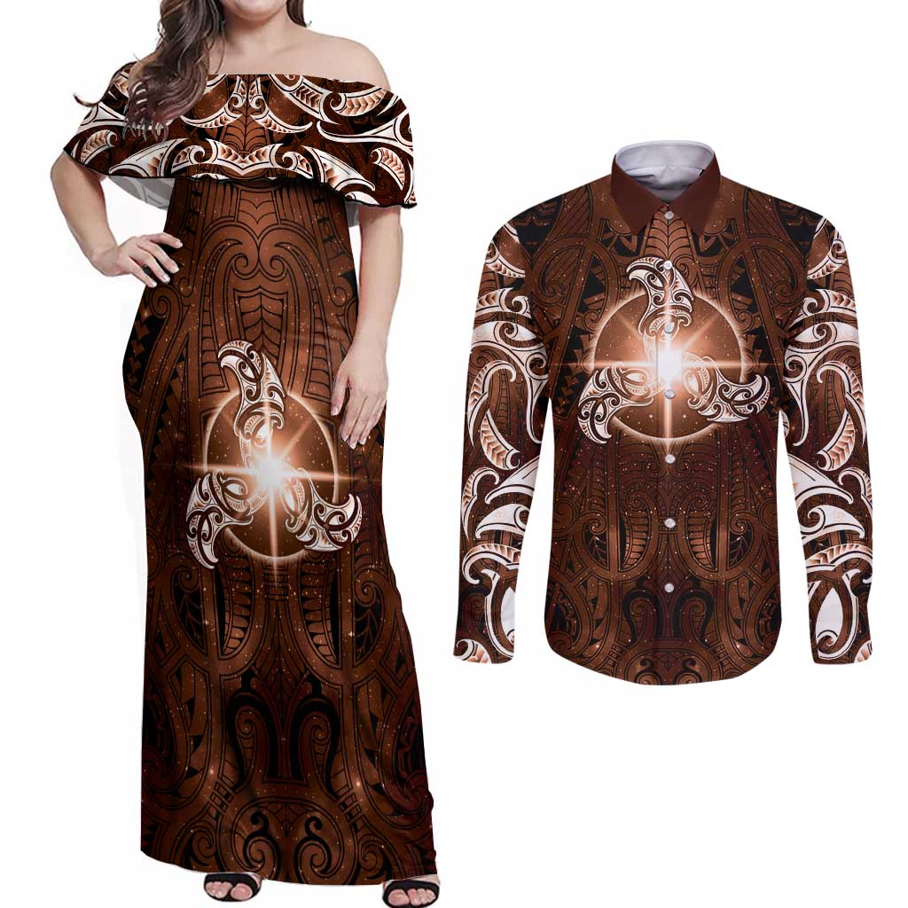 New Zealand Matariki Tupuanuku Couples Matching Off Shoulder Maxi Dress and Long Sleeve Button Shirt Maori Moko Brown Galaxy LT05 Brown - Polynesian Pride