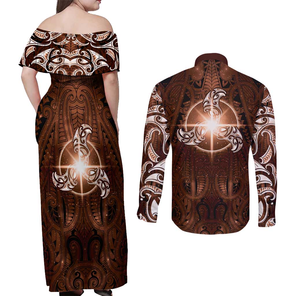 New Zealand Matariki Tupuanuku Couples Matching Off Shoulder Maxi Dress and Long Sleeve Button Shirt Maori Moko Brown Galaxy LT05 - Polynesian Pride