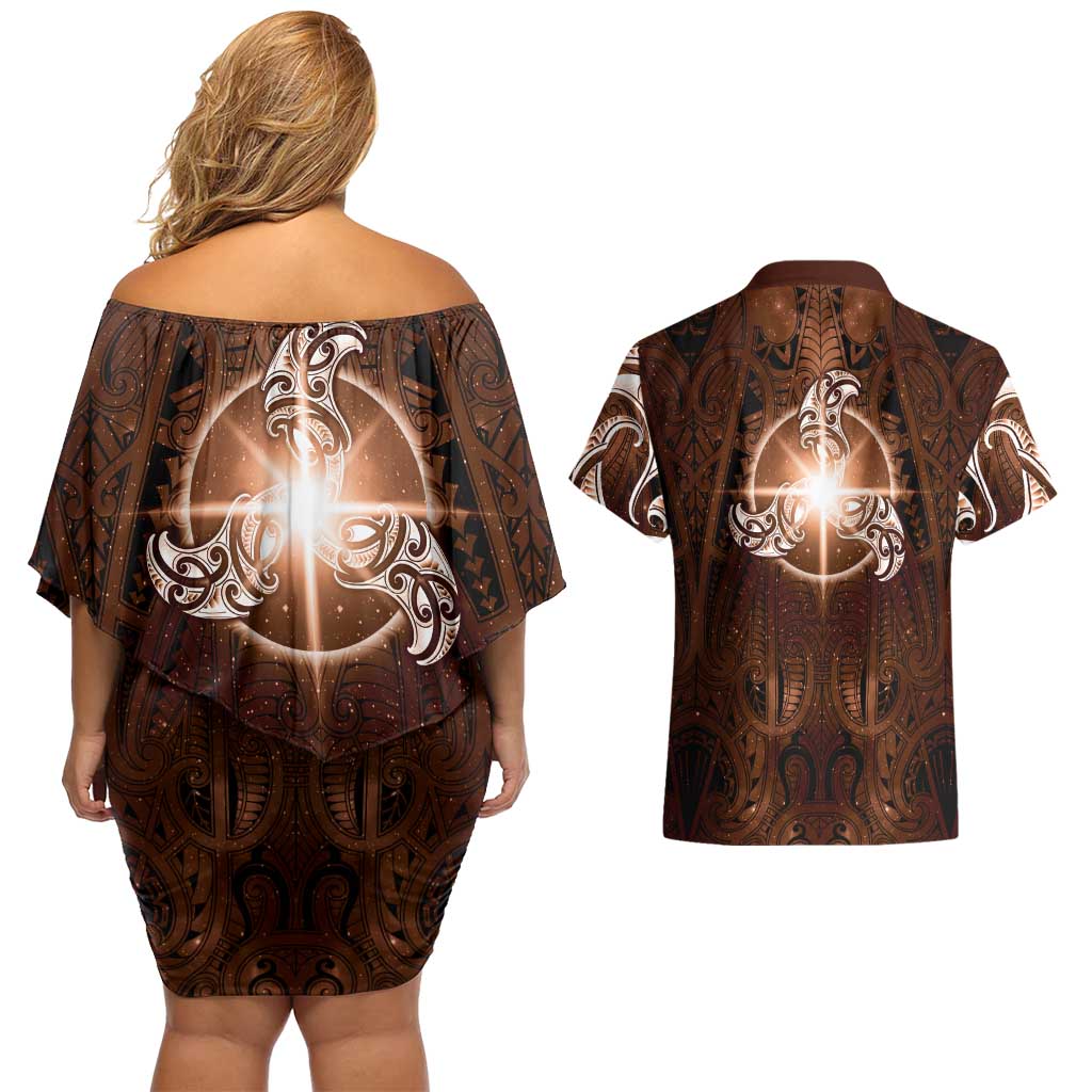 New Zealand Matariki Tupuanuku Couples Matching Off Shoulder Short Dress and Hawaiian Shirt Maori Moko Brown Galaxy LT05 - Polynesian Pride