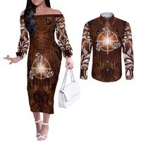New Zealand Matariki Tupuanuku Couples Matching Off The Shoulder Long Sleeve Dress and Long Sleeve Button Shirt Maori Moko Brown Galaxy LT05 Brown - Polynesian Pride