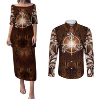 New Zealand Matariki Tupuanuku Couples Matching Puletasi and Long Sleeve Button Shirt Maori Moko Brown Galaxy LT05 Brown - Polynesian Pride
