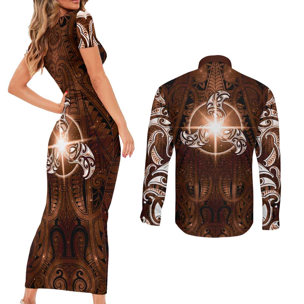 New Zealand Matariki Tupuanuku Couples Matching Short Sleeve Bodycon Dress and Long Sleeve Button Shirt Maori Moko Brown Galaxy LT05 - Polynesian Pride