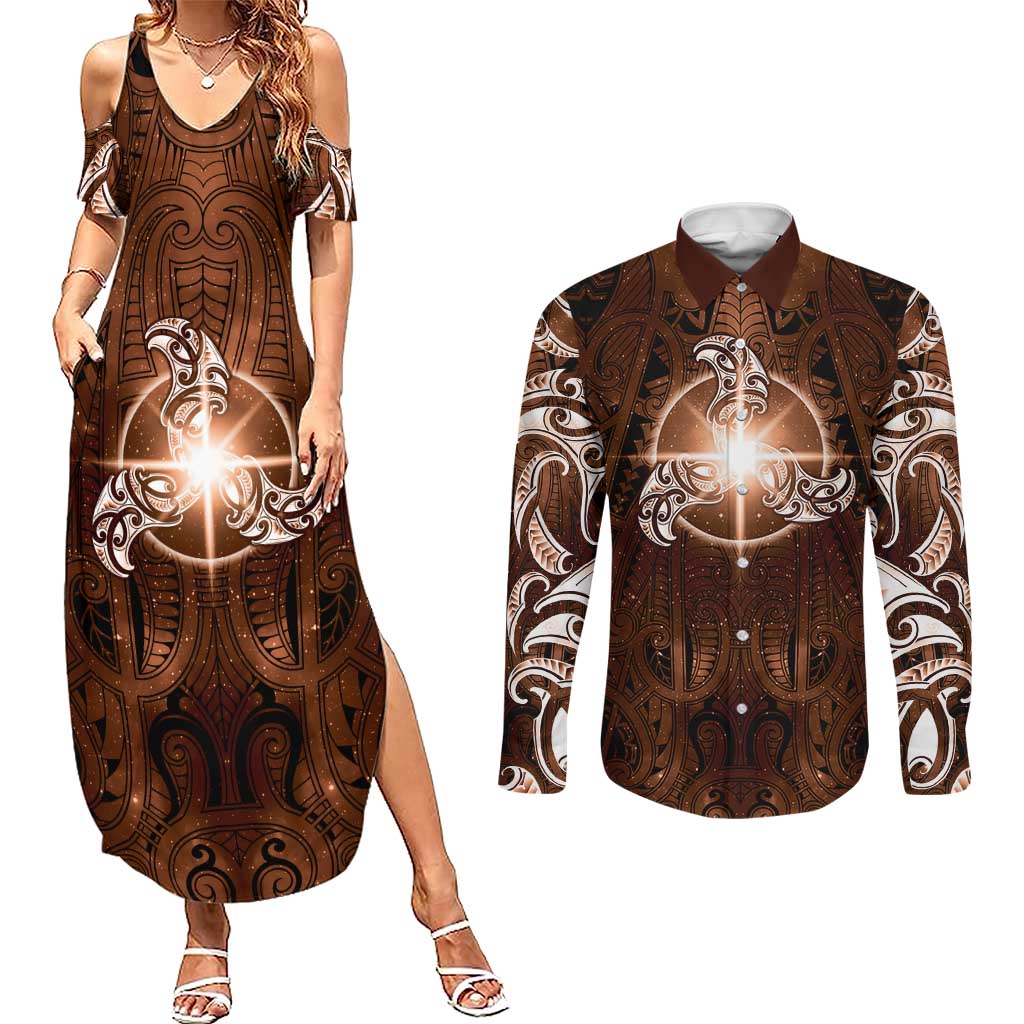 New Zealand Matariki Tupuanuku Couples Matching Summer Maxi Dress and Long Sleeve Button Shirt Maori Moko Brown Galaxy LT05 Brown - Polynesian Pride