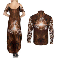 New Zealand Matariki Tupuanuku Couples Matching Summer Maxi Dress and Long Sleeve Button Shirt Maori Moko Brown Galaxy LT05 - Polynesian Pride