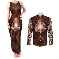 New Zealand Matariki Tupuanuku Couples Matching Tank Maxi Dress and Long Sleeve Button Shirt Maori Moko Brown Galaxy LT05 Brown - Polynesian Pride