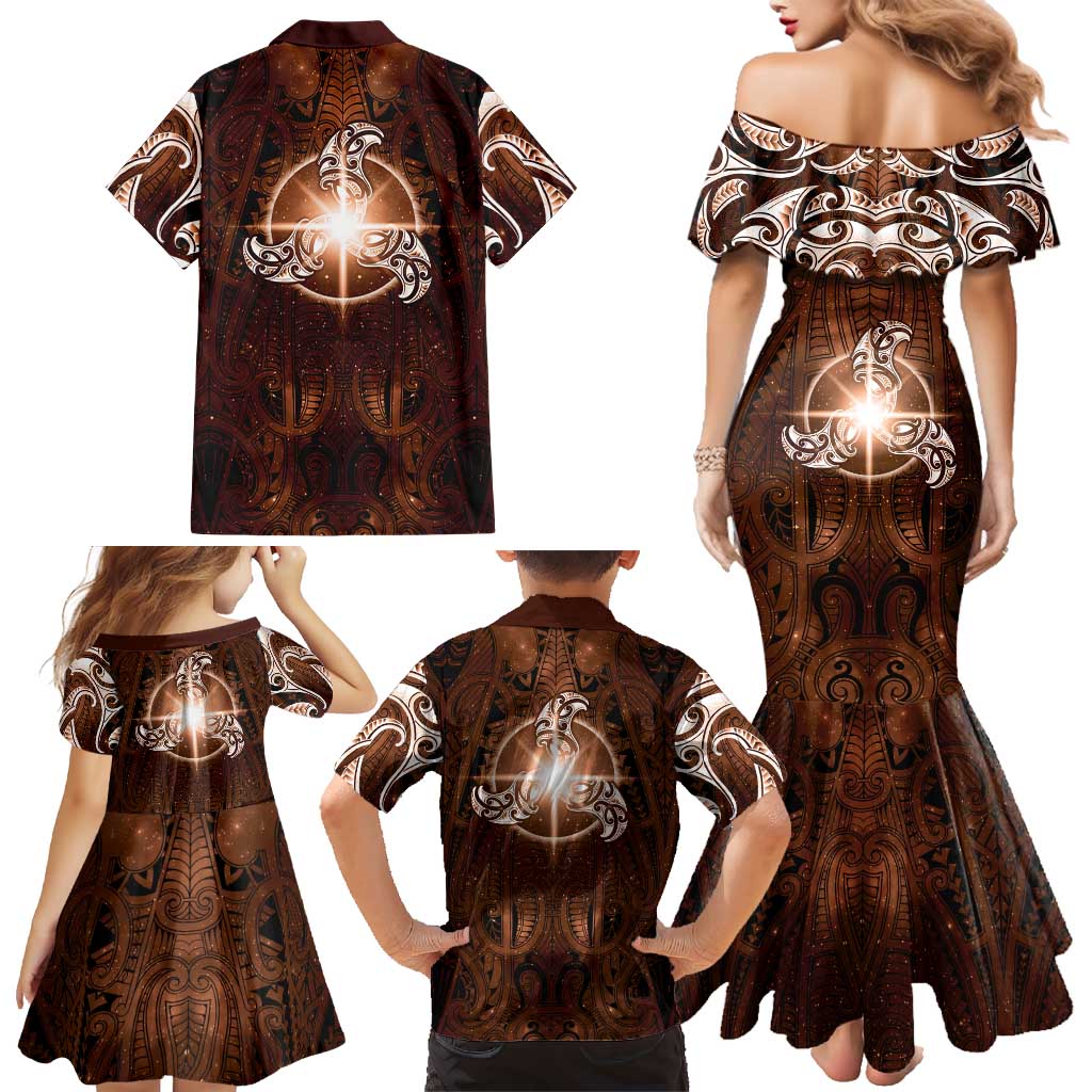 New Zealand Matariki Tupuanuku Family Matching Mermaid Dress and Hawaiian Shirt Maori Moko Brown Galaxy LT05 - Polynesian Pride