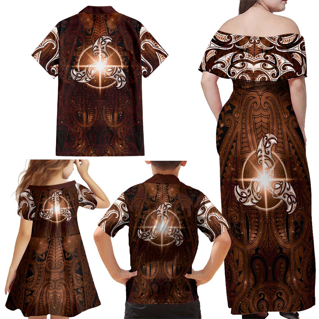 New Zealand Matariki Tupuanuku Family Matching Off Shoulder Maxi Dress and Hawaiian Shirt Maori Moko Brown Galaxy LT05 - Polynesian Pride