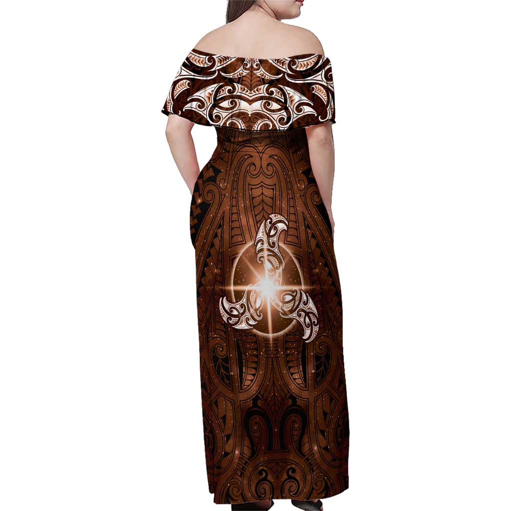 New Zealand Matariki Tupuanuku Family Matching Off Shoulder Maxi Dress and Hawaiian Shirt Maori Moko Brown Galaxy LT05 - Polynesian Pride