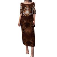 New Zealand Matariki Tupuanuku Family Matching Puletasi and Hawaiian Shirt Maori Moko Brown Galaxy LT05 Mom's Dress Brown - Polynesian Pride