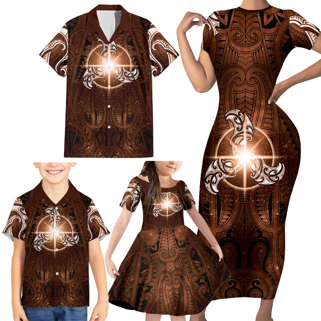 New Zealand Matariki Tupuanuku Family Matching Short Sleeve Bodycon Dress and Hawaiian Shirt Maori Moko Brown Galaxy LT05 - Polynesian Pride