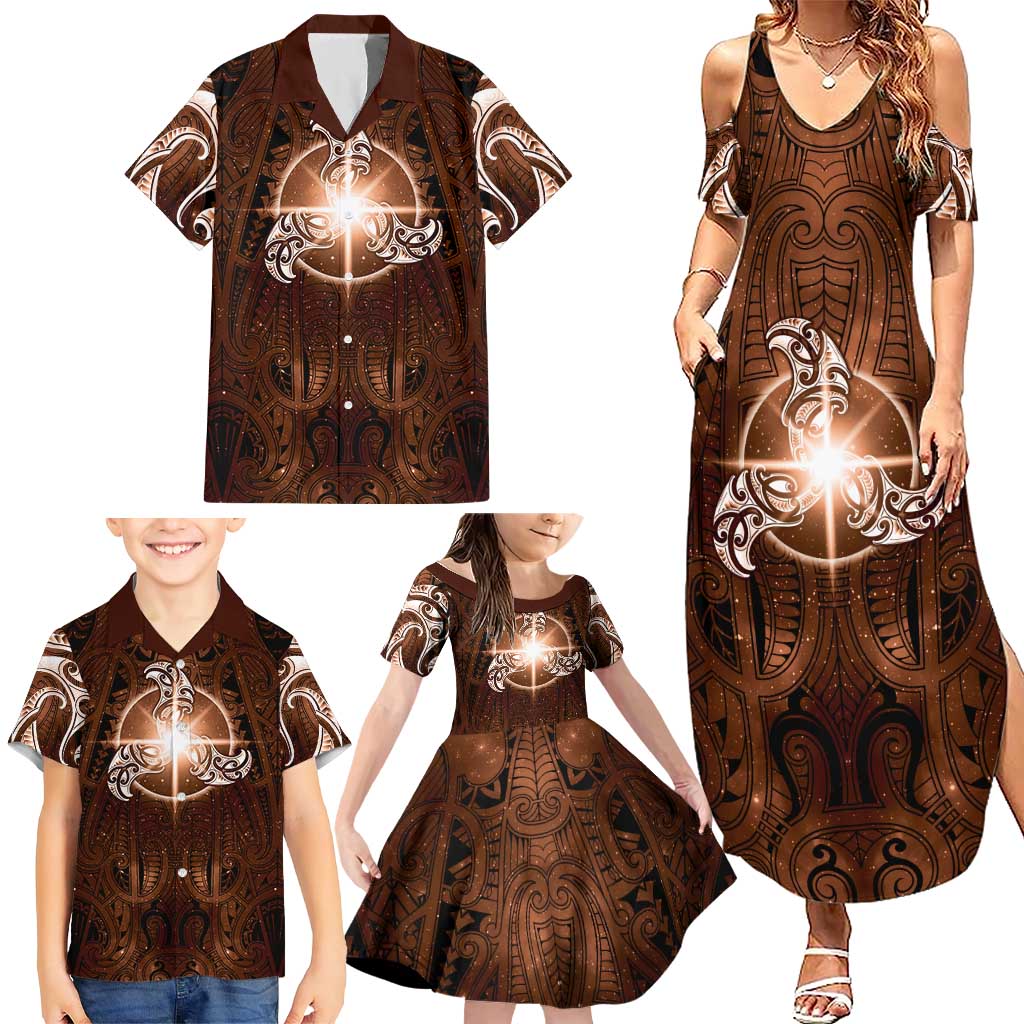 New Zealand Matariki Tupuanuku Family Matching Summer Maxi Dress and Hawaiian Shirt Maori Moko Brown Galaxy