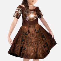 New Zealand Matariki Tupuanuku Family Matching Tank Maxi Dress and Hawaiian Shirt Maori Moko Brown Galaxy LT05 Daughter's Dress Brown - Polynesian Pride