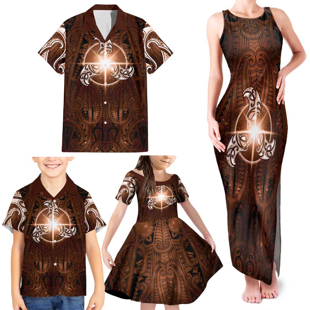 New Zealand Matariki Tupuanuku Family Matching Tank Maxi Dress and Hawaiian Shirt Maori Moko Brown Galaxy LT05 - Polynesian Pride