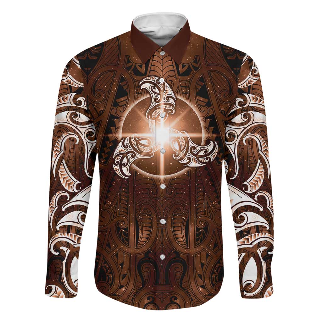 New Zealand Matariki Tupuanuku Family Matching Tank Maxi Dress and Hawaiian Shirt Maori Moko Brown Galaxy LT05 Dad's Shirt - Long Sleeve Brown - Polynesian Pride
