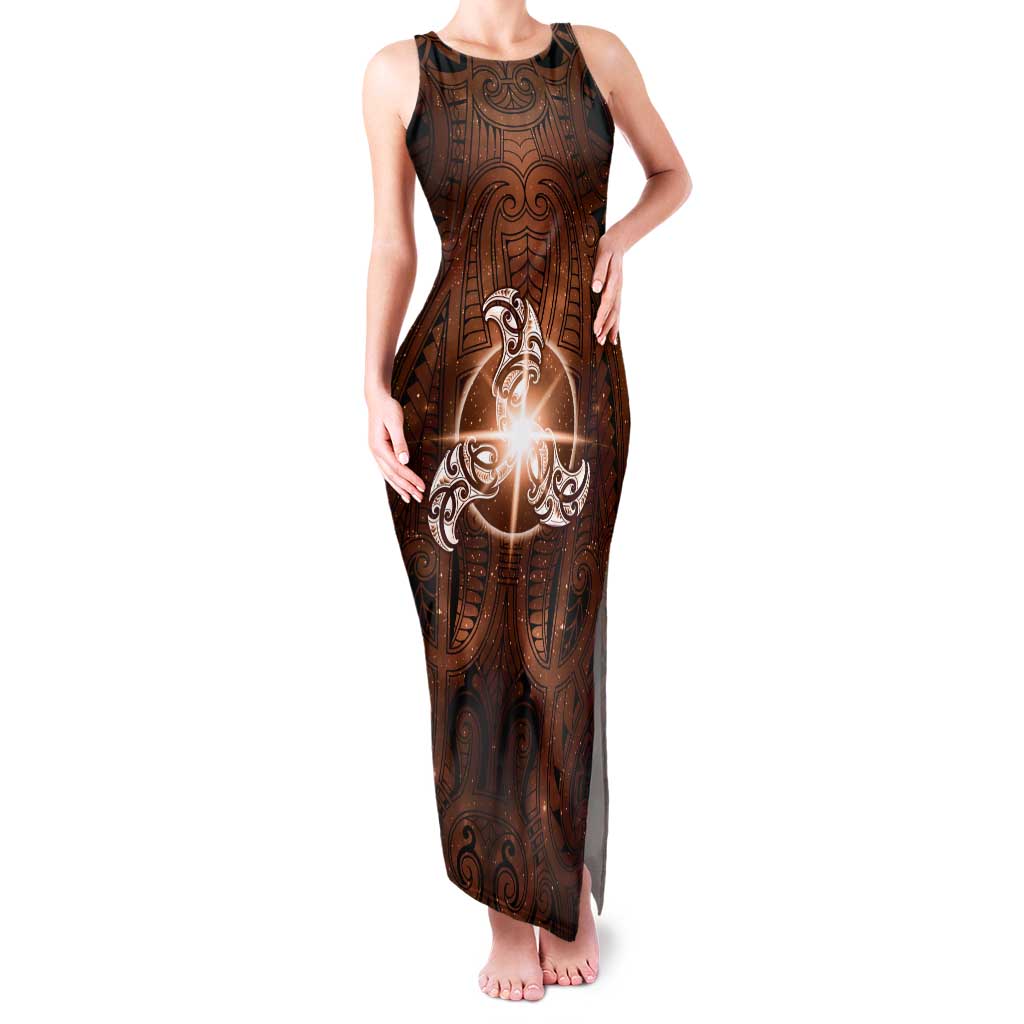 New Zealand Matariki Tupuanuku Family Matching Tank Maxi Dress and Hawaiian Shirt Maori Moko Brown Galaxy LT05 Mom's Dress Brown - Polynesian Pride