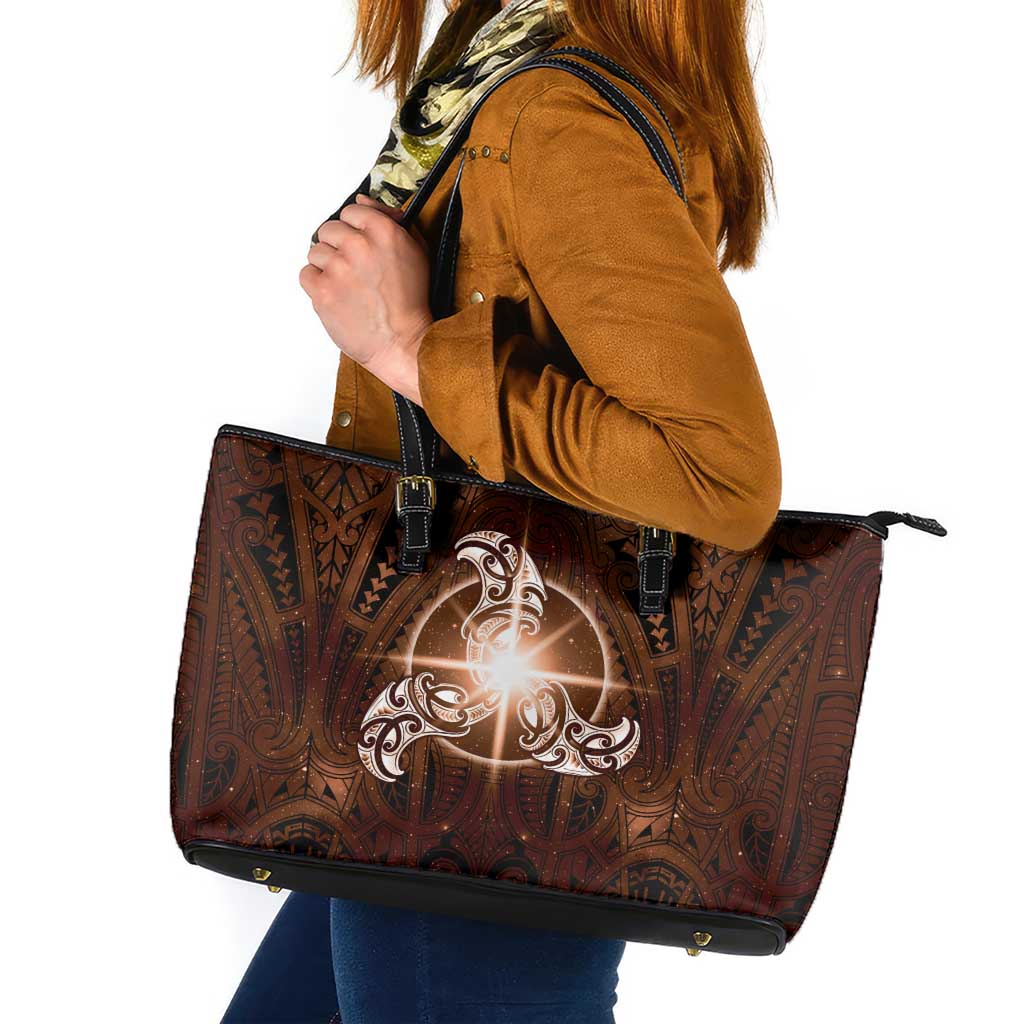New Zealand Matariki Tupuanuku Leather Tote Bag Maori Moko Brown Galaxy