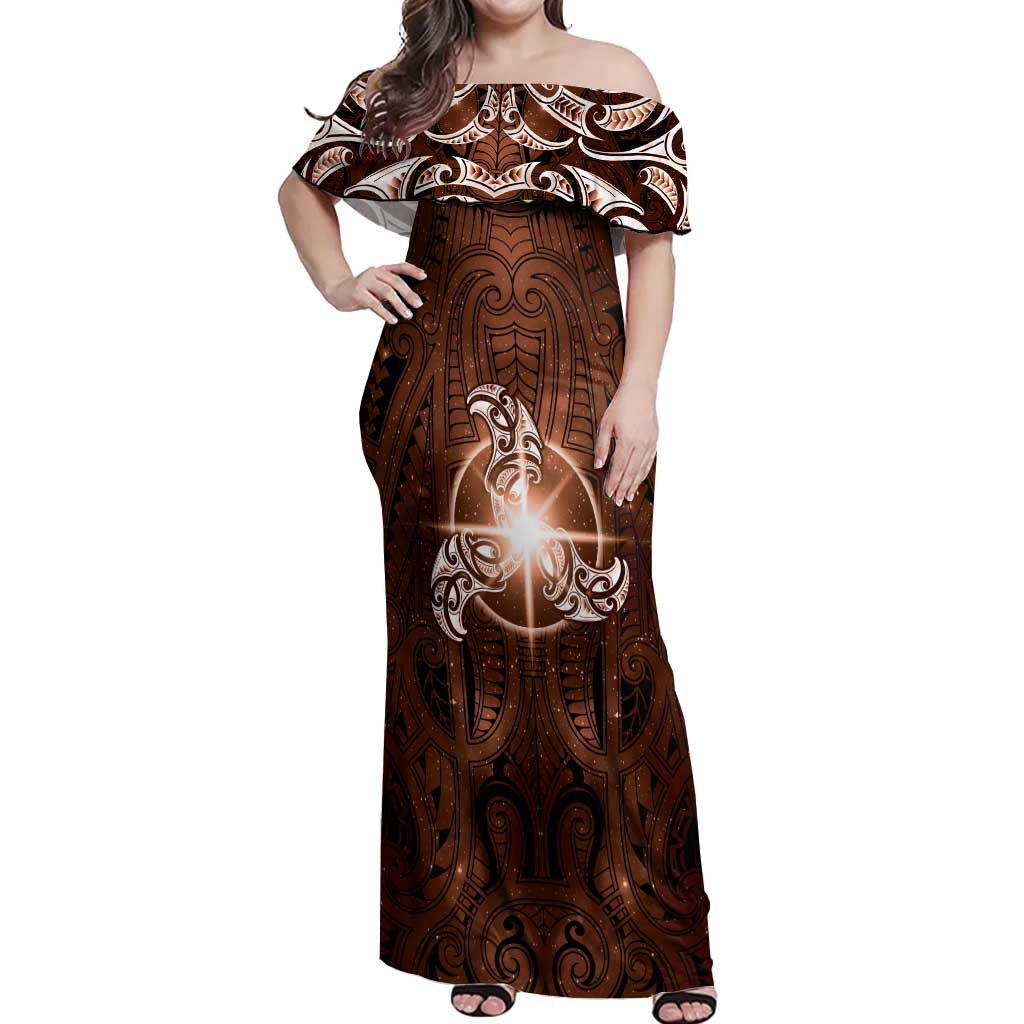 New Zealand Matariki Tupuanuku Off Shoulder Maxi Dress Maori Moko Brown Galaxy