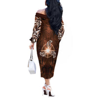 New Zealand Matariki Tupuanuku Off The Shoulder Long Sleeve Dress Maori Moko Brown Galaxy LT05 - Polynesian Pride