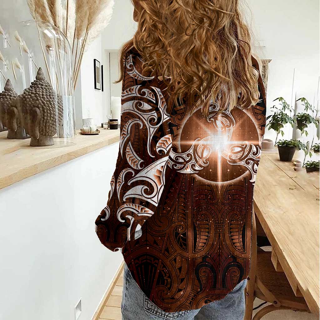 New Zealand Matariki Tupuanuku Women Casual Shirt Maori Moko Brown Galaxy LT05 - Polynesian Pride