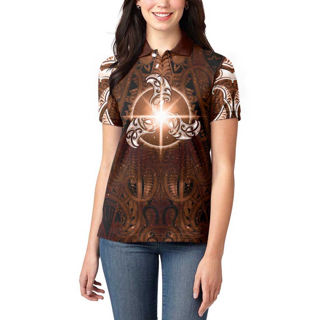 New Zealand Matariki Tupuanuku Women Polo Shirt Maori Moko Brown Galaxy LT05 - Polynesian Pride