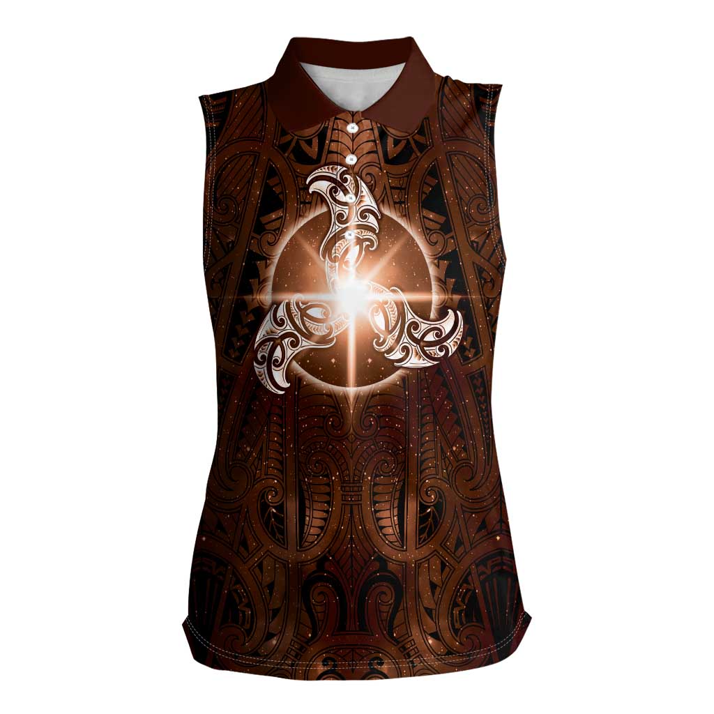 New Zealand Matariki Tupuanuku Women Sleeveless Polo Shirt Maori Moko Brown Galaxy