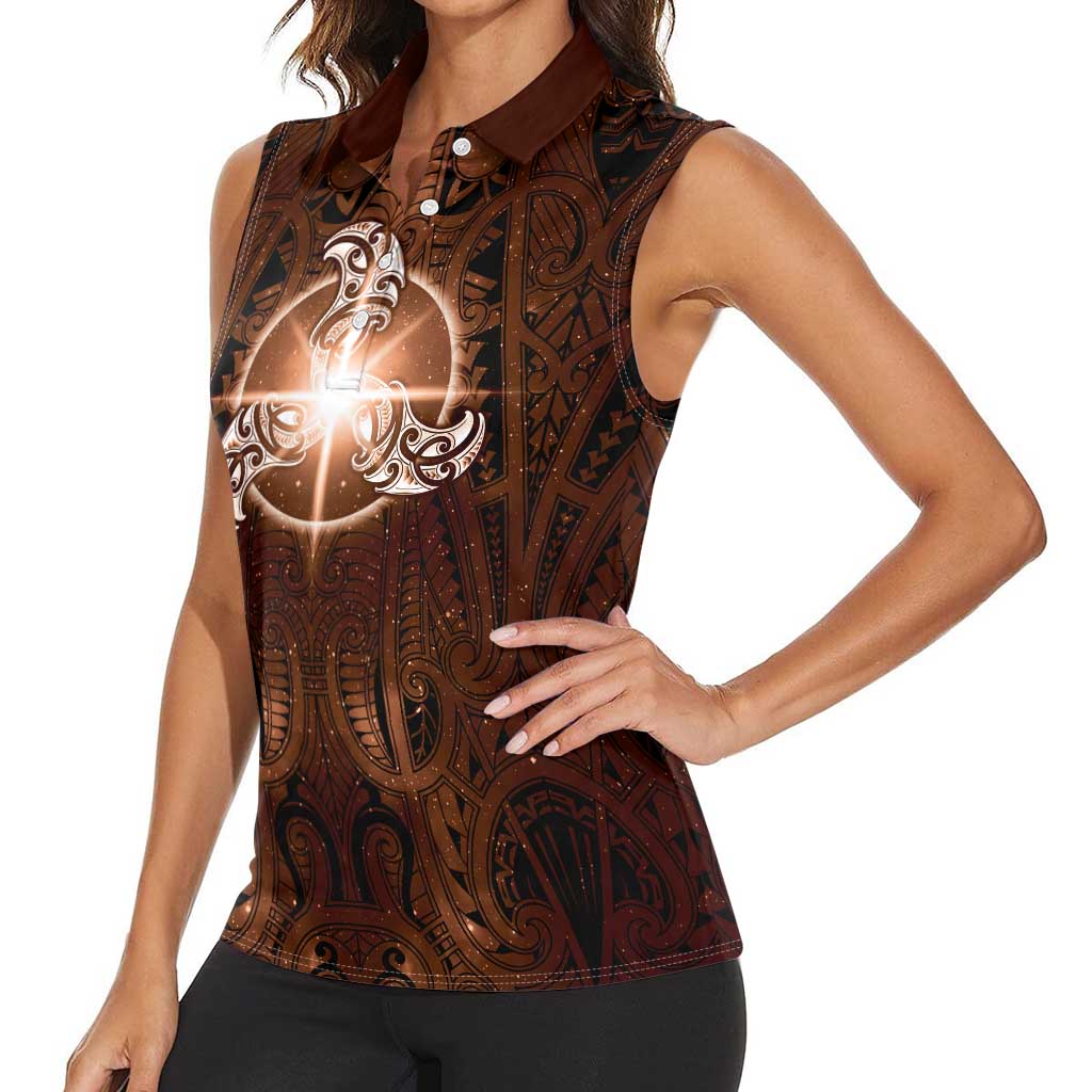 New Zealand Matariki Tupuanuku Women Sleeveless Polo Shirt Maori Moko Brown Galaxy LT05 - Polynesian Pride