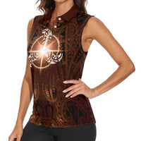 New Zealand Matariki Tupuanuku Women Sleeveless Polo Shirt Maori Moko Brown Galaxy LT05 - Polynesian Pride