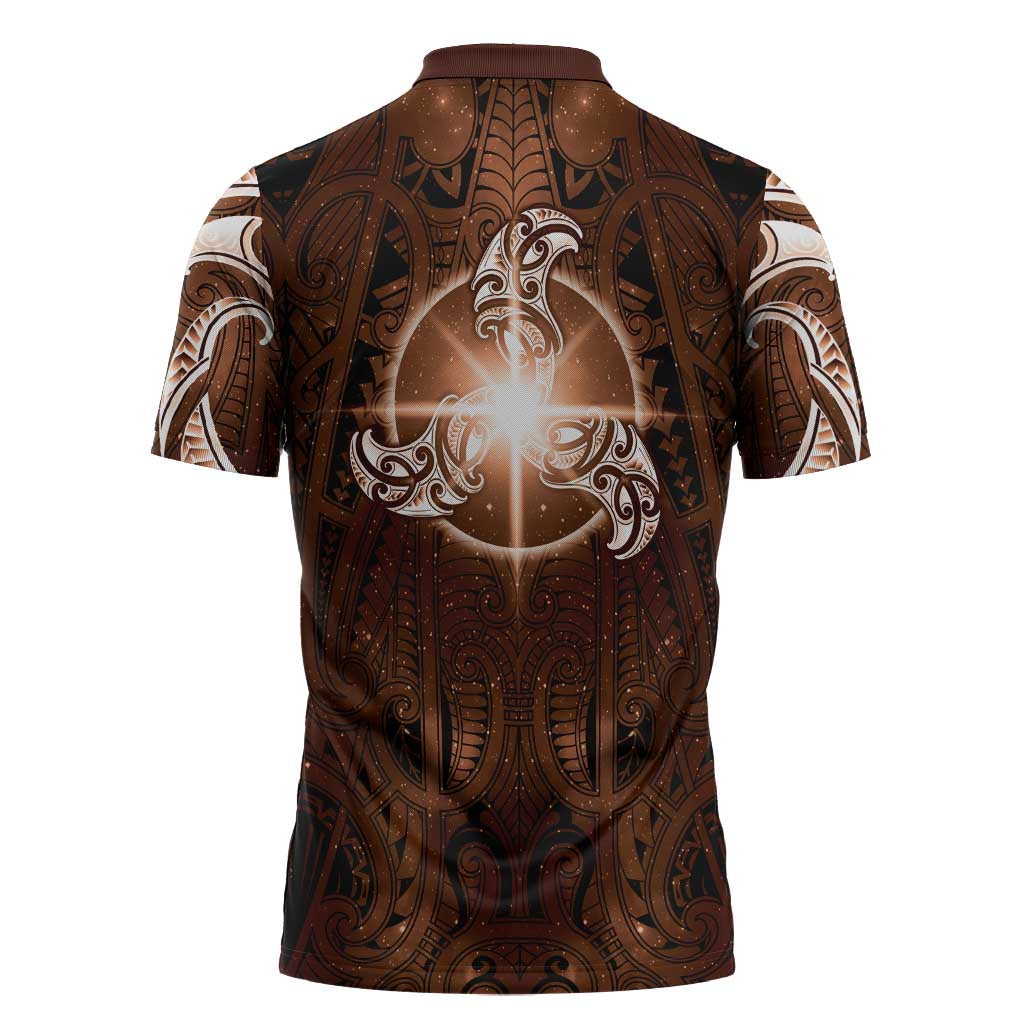 New Zealand Matariki Tupuanuku Zipper Polo Shirt Maori Moko Brown Galaxy LT05 - Polynesian Pride