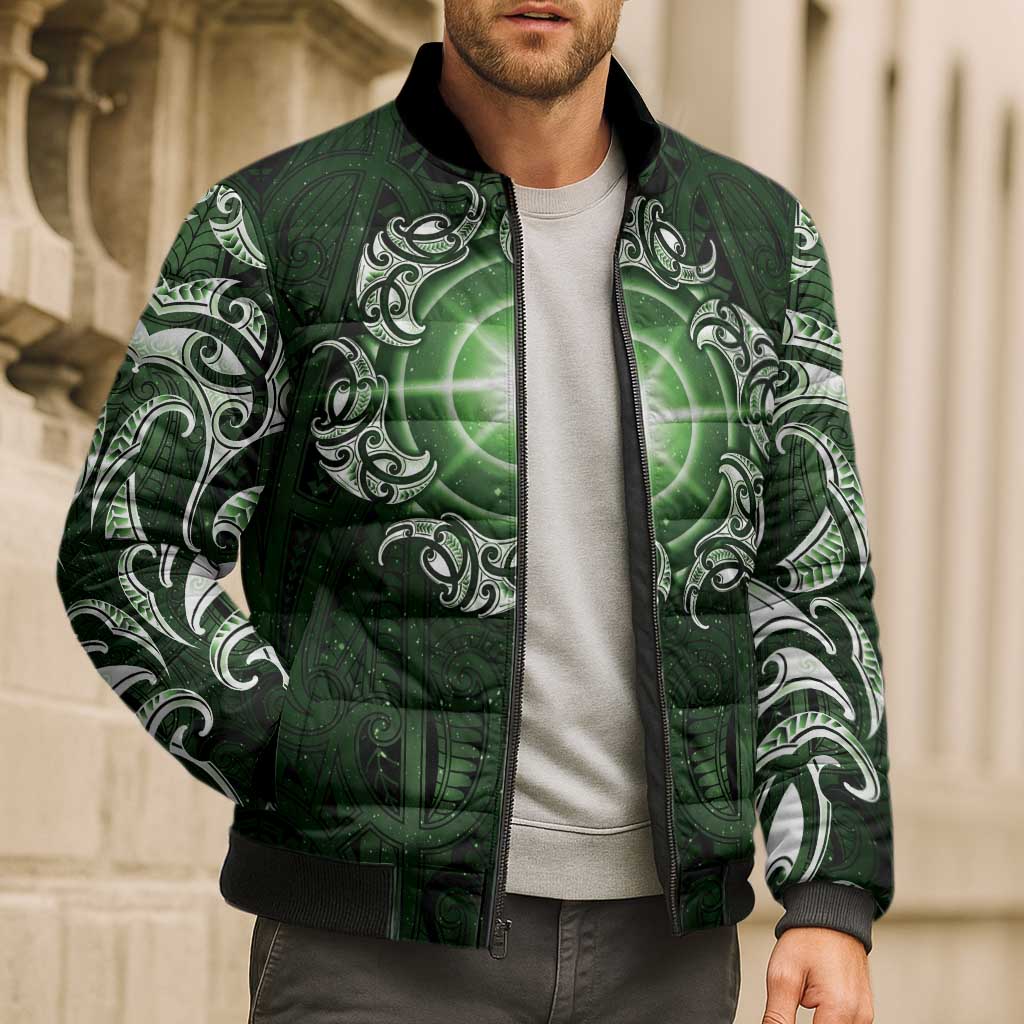 New Zealand Matariki Tupuarangi Bomber Puffer Jacket Maori Moko Green Galaxy