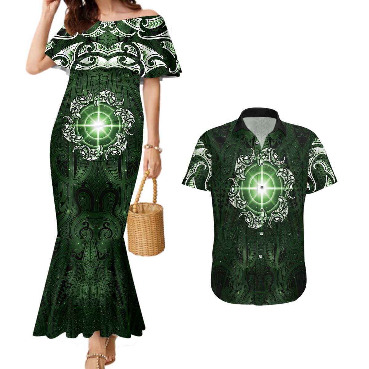 New Zealand Matariki Tupuarangi Couples Matching Mermaid Dress and Hawaiian Shirt Maori Moko Green Galaxy LT05 Green - Polynesian Pride