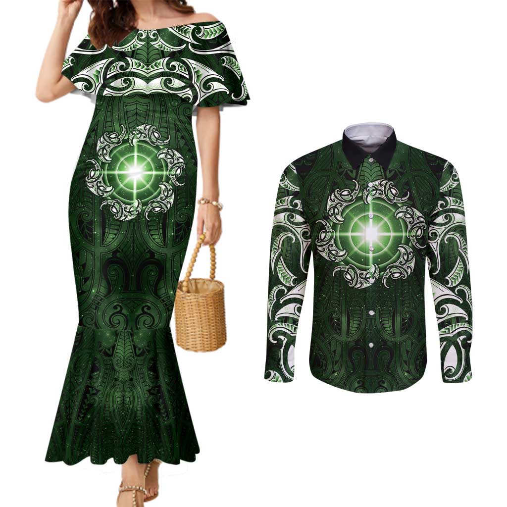New Zealand Matariki Tupuarangi Couples Matching Mermaid Dress and Long Sleeve Button Shirt Maori Moko Green Galaxy