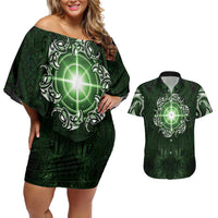 New Zealand Matariki Tupuarangi Couples Matching Off Shoulder Short Dress and Hawaiian Shirt Maori Moko Green Galaxy LT05 Green - Polynesian Pride