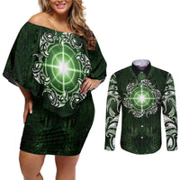New Zealand Matariki Tupuarangi Couples Matching Off Shoulder Short Dress and Long Sleeve Button Shirt Maori Moko Green Galaxy LT05 Green - Polynesian Pride