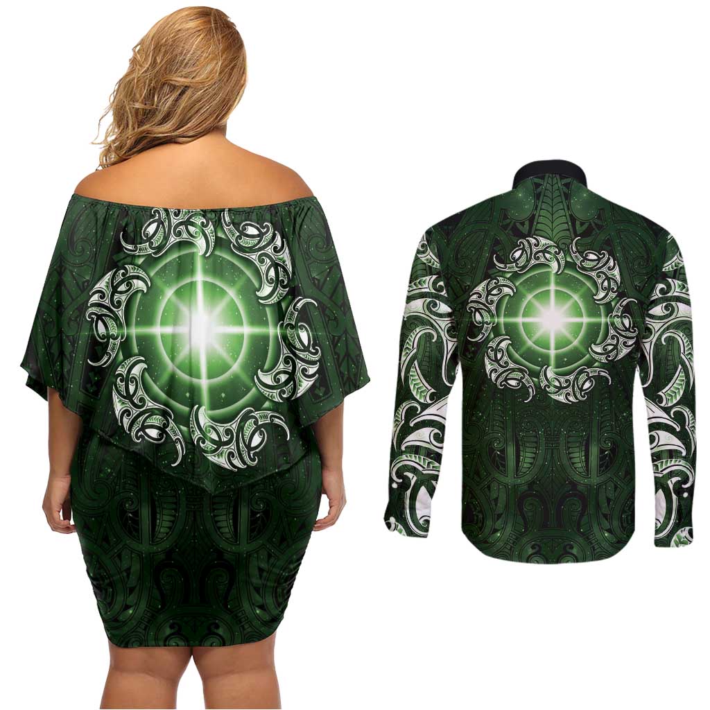 New Zealand Matariki Tupuarangi Couples Matching Off Shoulder Short Dress and Long Sleeve Button Shirt Maori Moko Green Galaxy LT05 - Polynesian Pride