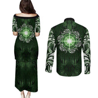 New Zealand Matariki Tupuarangi Couples Matching Puletasi and Long Sleeve Button Shirt Maori Moko Green Galaxy LT05 - Polynesian Pride